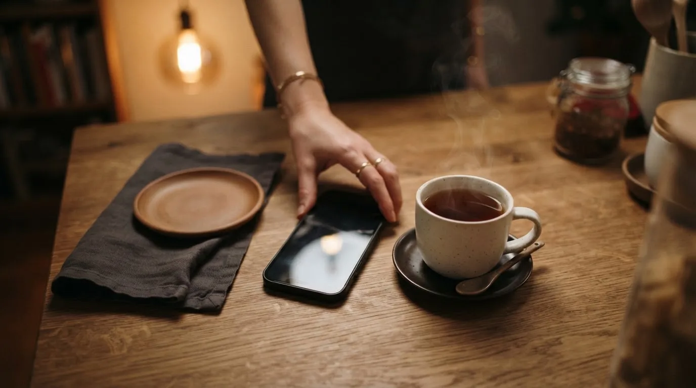 A hand setting a smartphone down beside a cup of tea on a kitchen table on a quiet evening