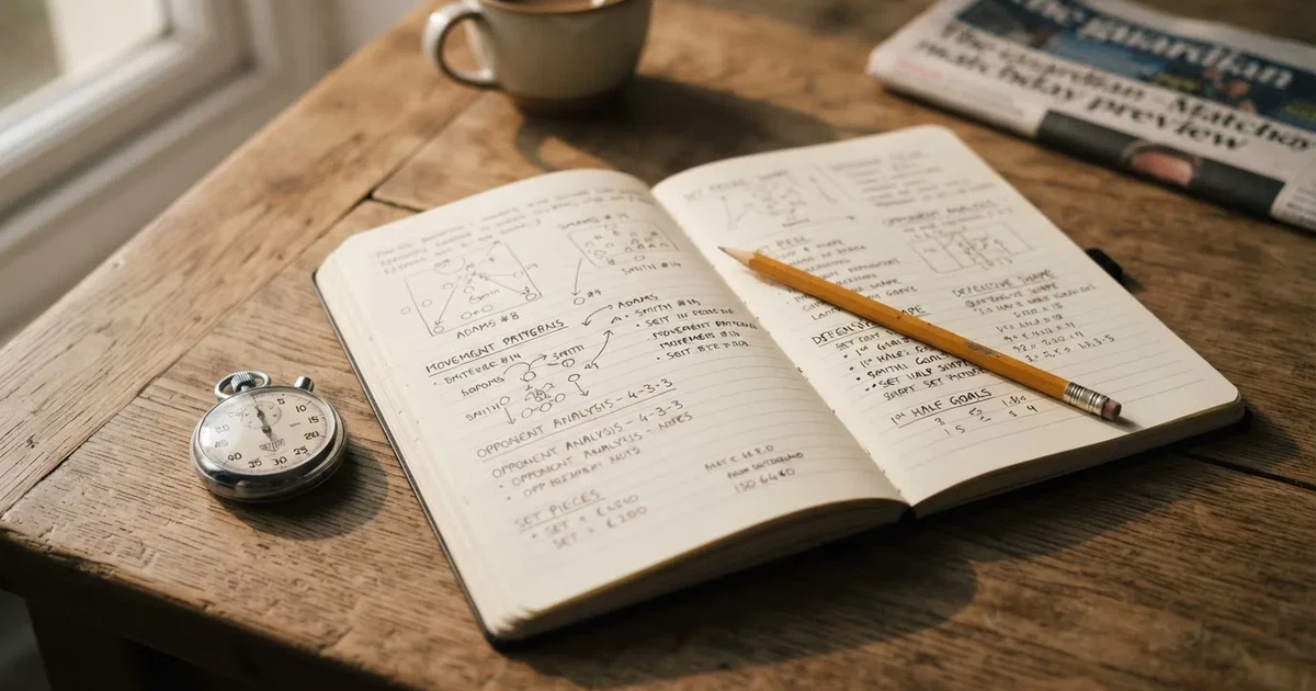 An open notebook with a pencil and a stopwatch on a wooden table
