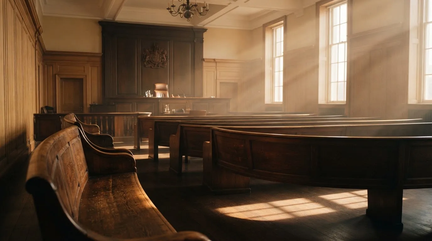 An empty courtroom with wooden benches in morning light