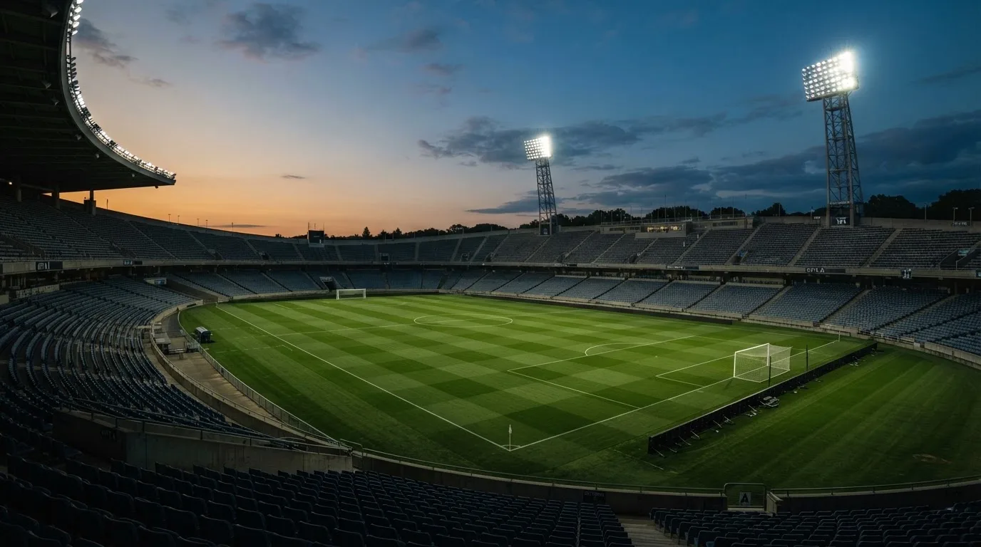 An empty football stadium with floodlight masts at dusk