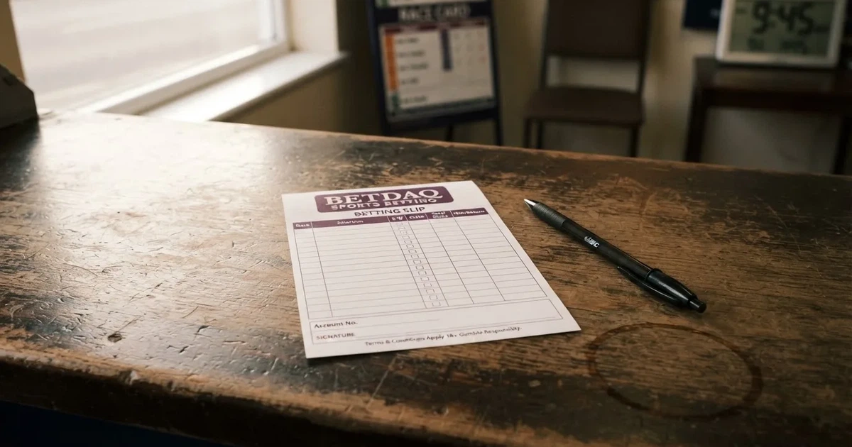 A blank paper betting slip beside a pen on a wooden counter