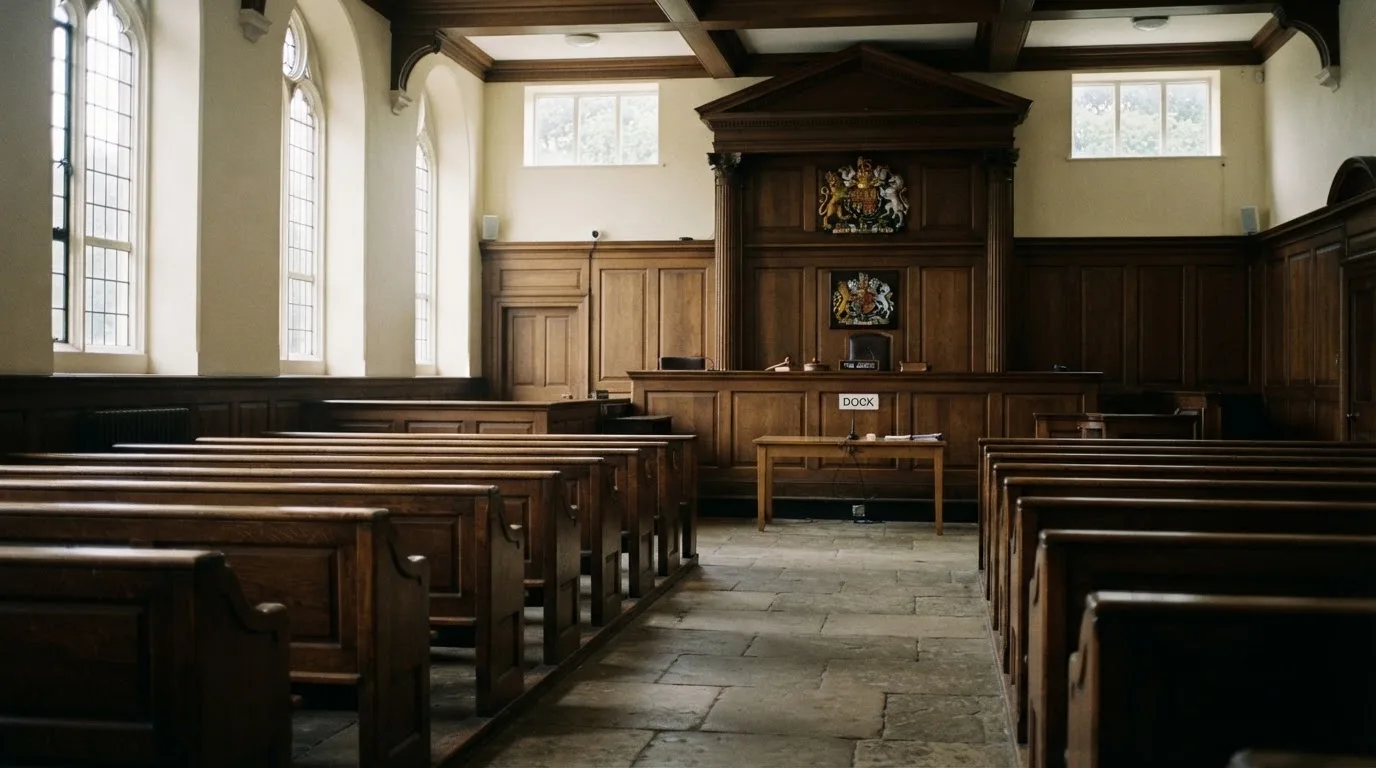 An empty courtroom with wooden benches in morning light