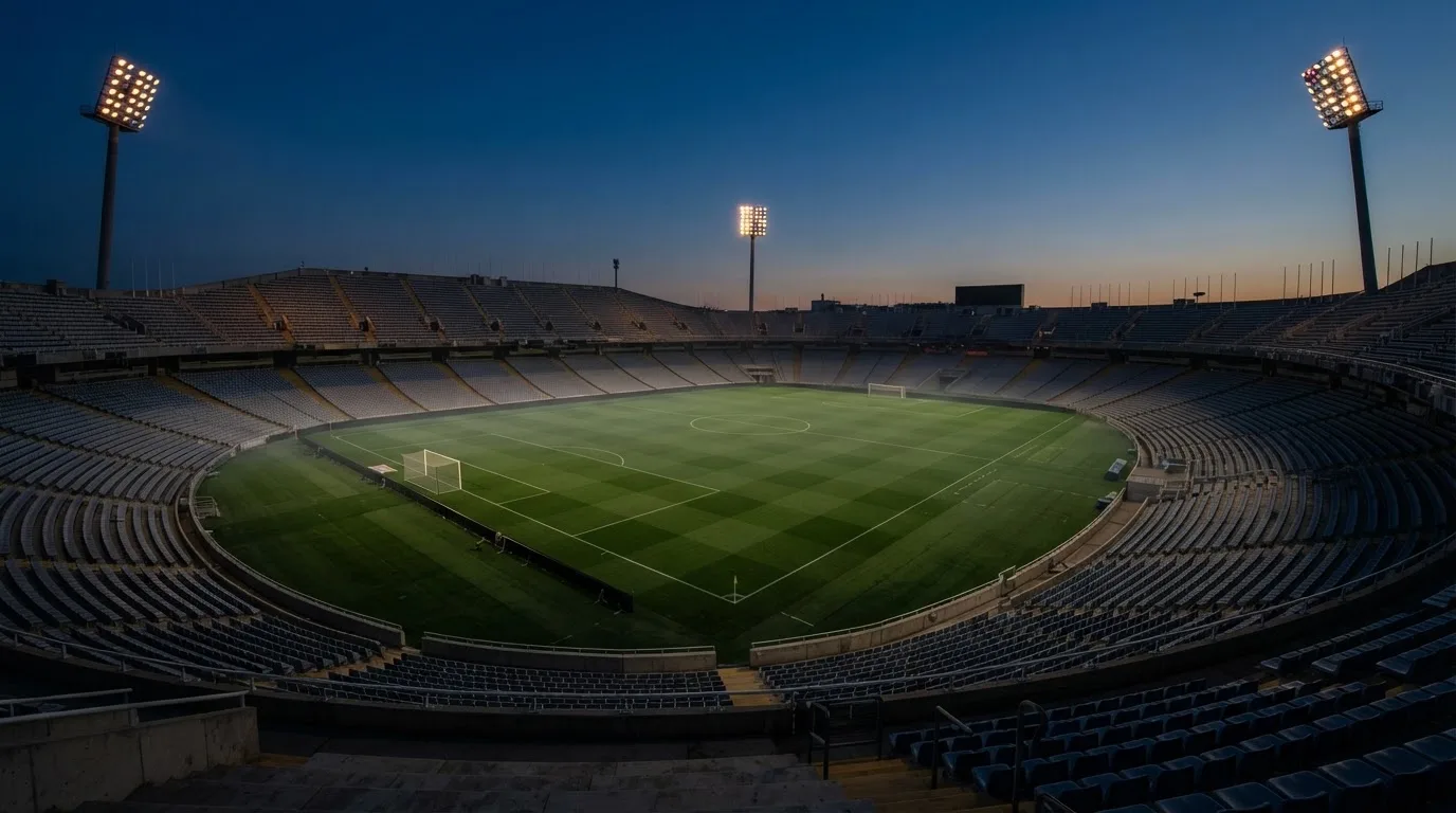 An empty football stadium with floodlight masts at dusk