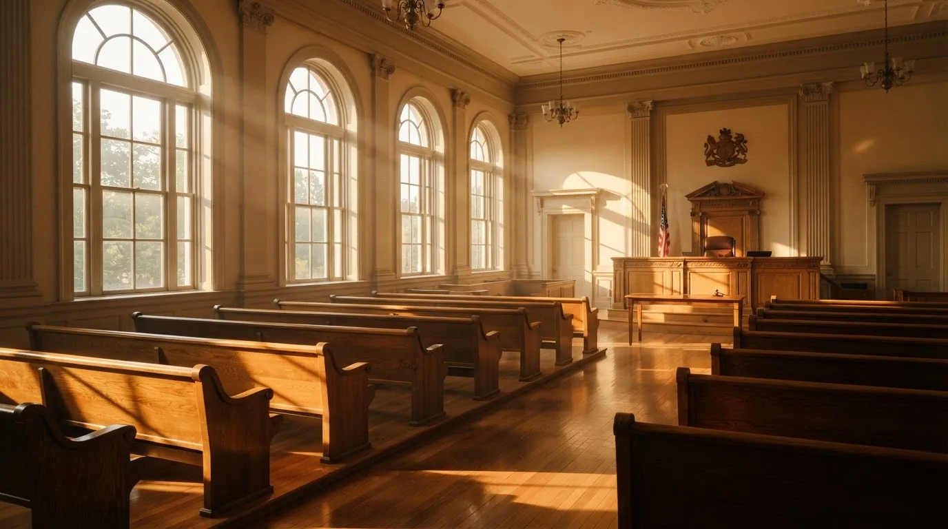 An empty courtroom with wooden benches in morning light