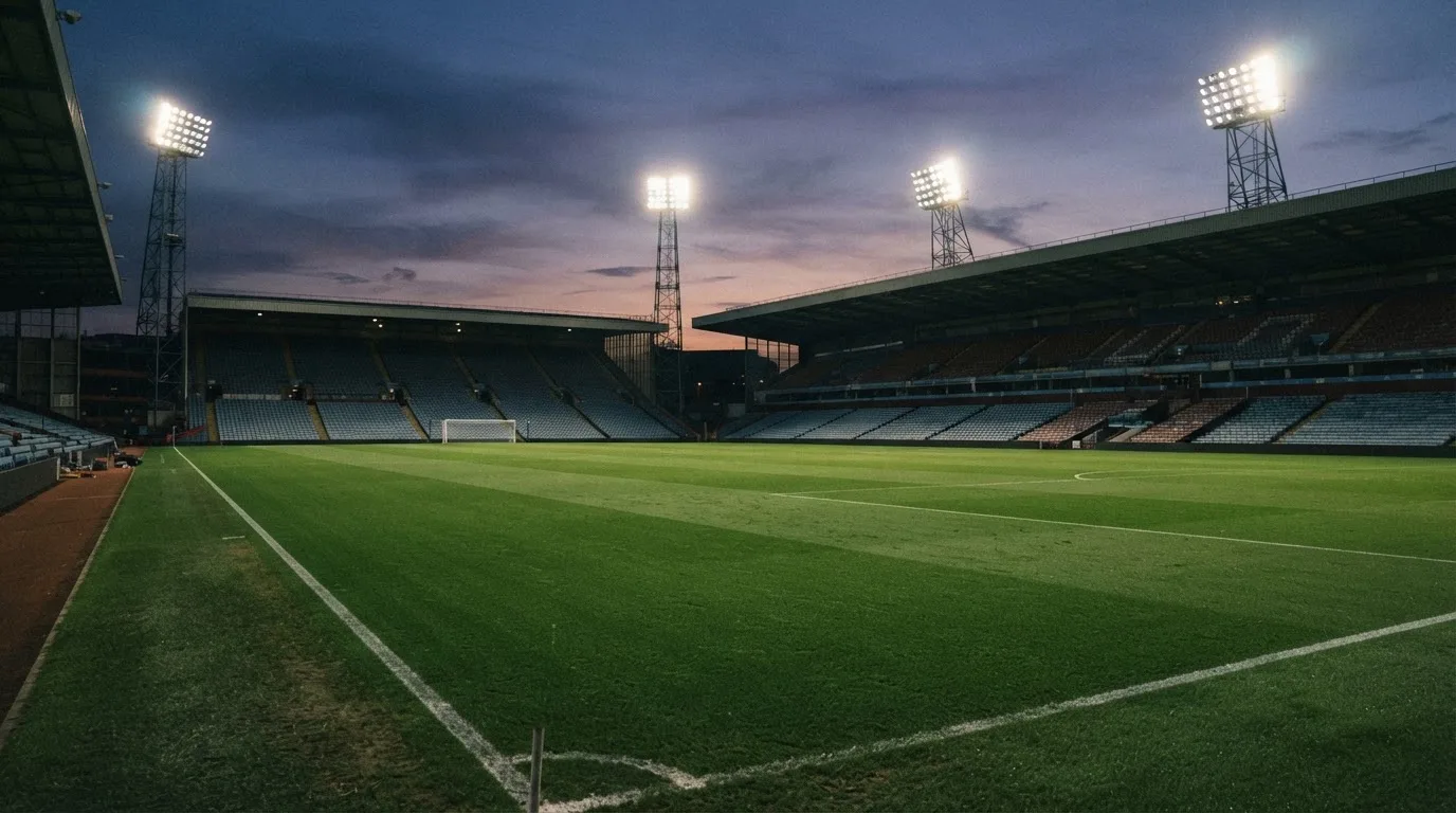 An empty football stadium with floodlight masts at dusk