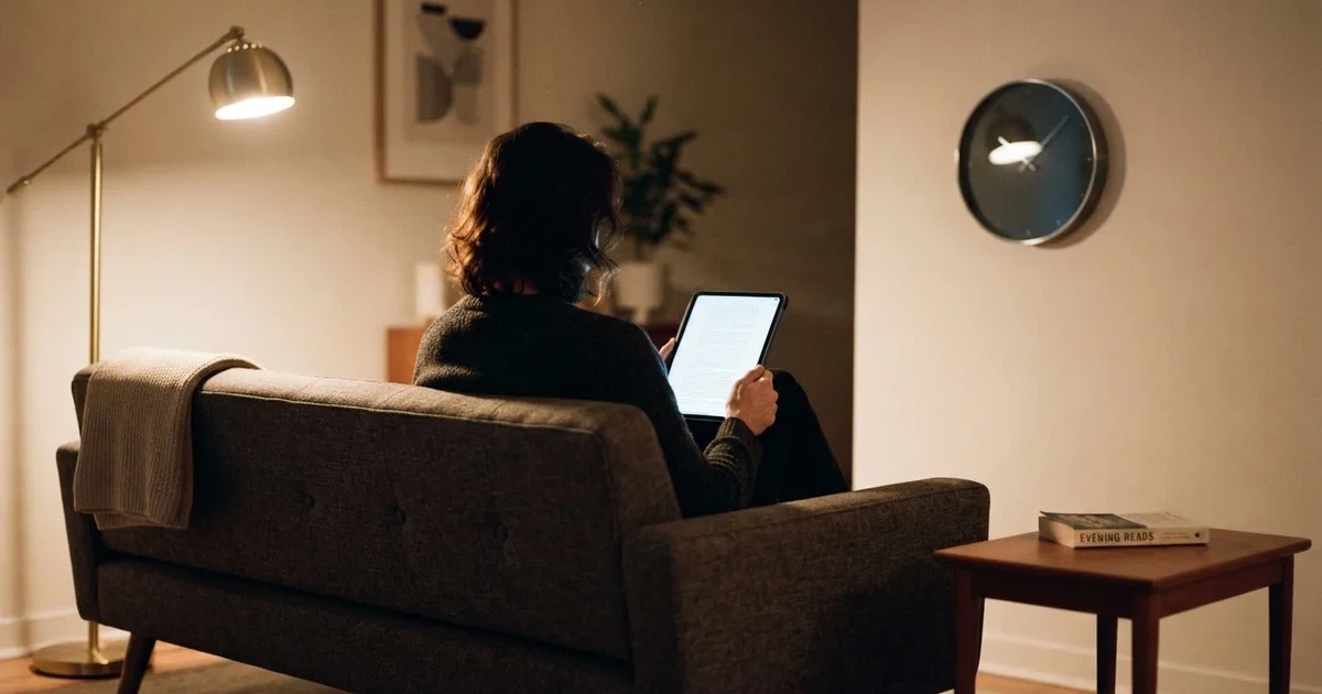 A person on a sofa looking thoughtfully at a tablet, a wall clock in the background