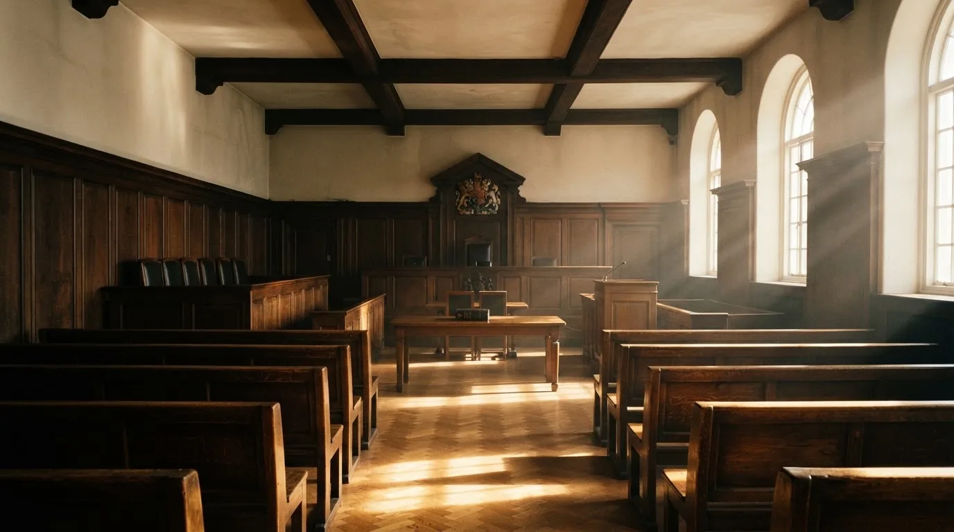 An empty courtroom with wooden benches in morning light