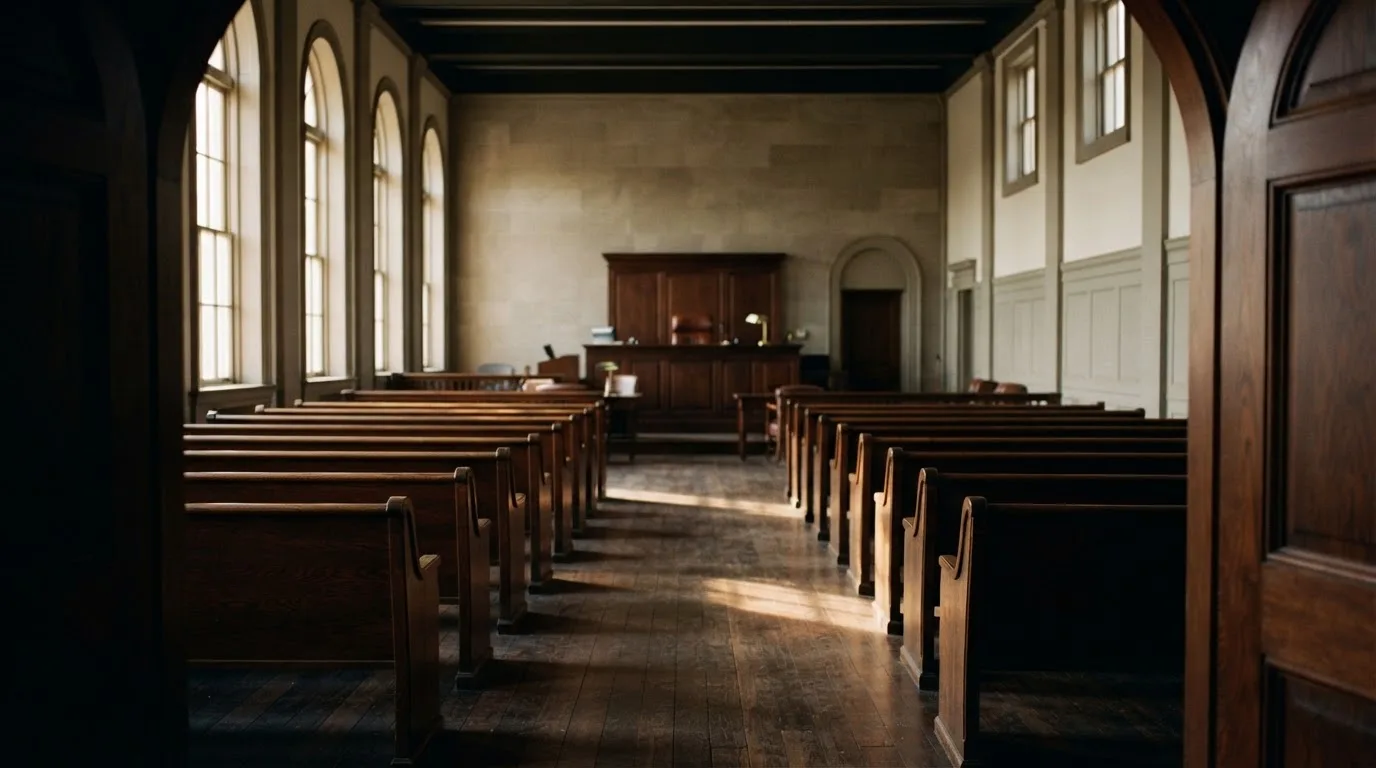 An empty courtroom with wooden benches in morning light