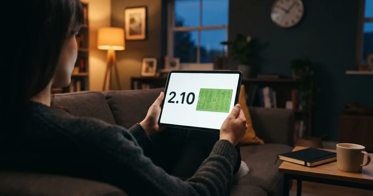 A person on a sofa looking thoughtfully at a tablet, a wall clock in the background