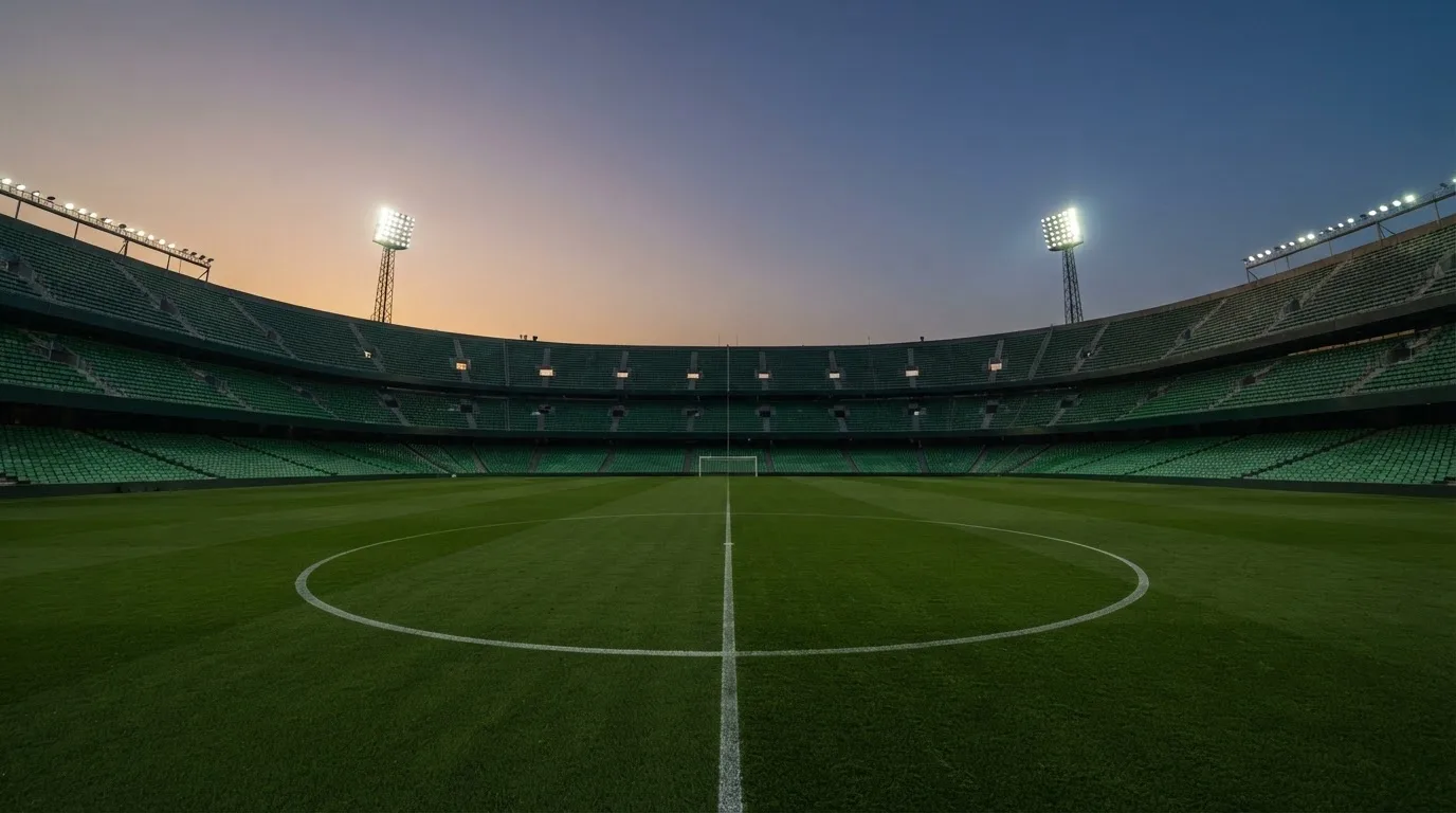 An empty football stadium with floodlight masts at dusk