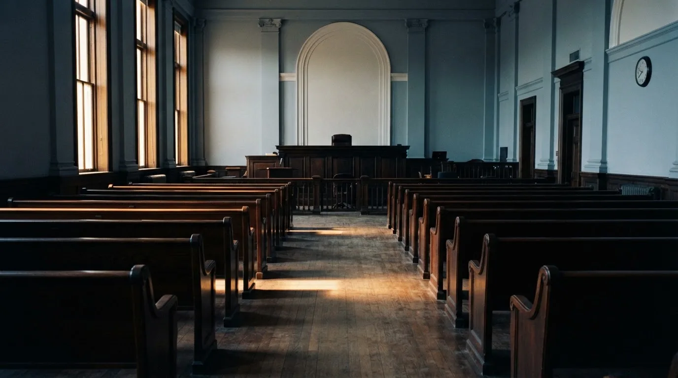 An empty courtroom with wooden benches in morning light