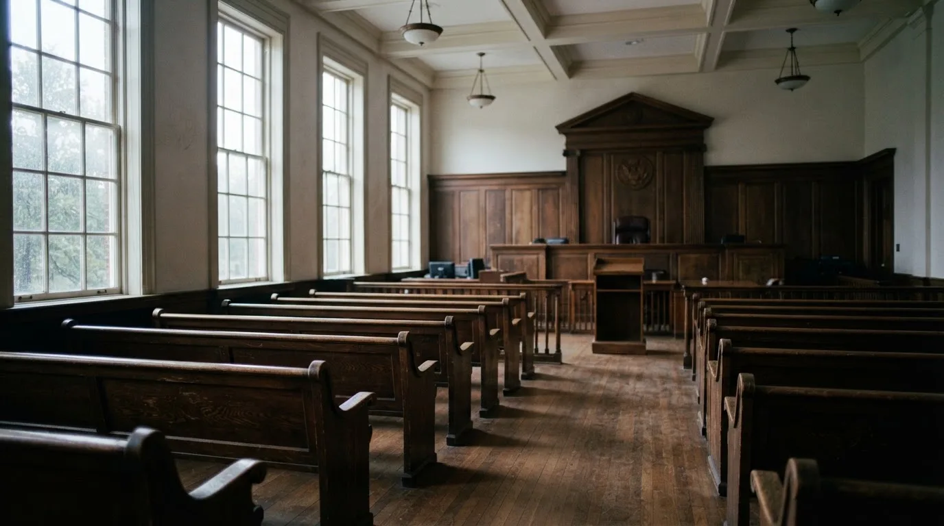 An empty courtroom with wooden benches in morning light