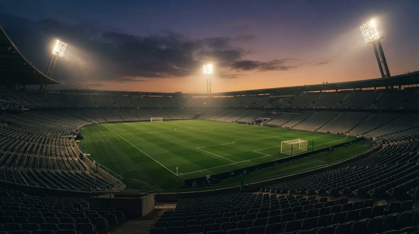 An empty football stadium with floodlight masts at dusk