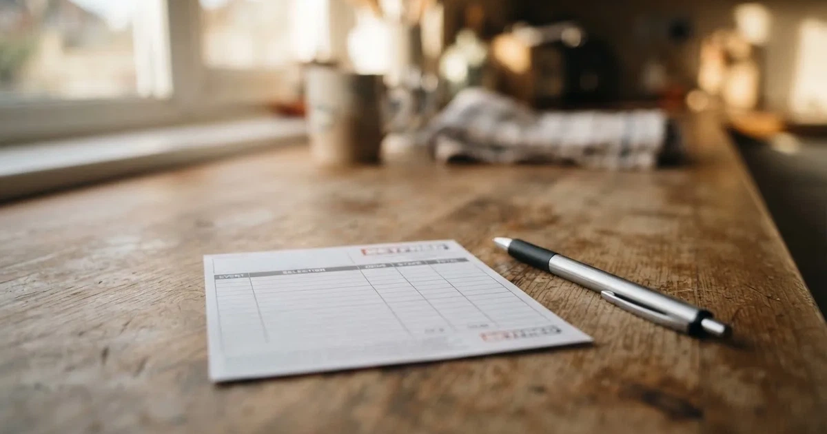 A blank paper betting slip beside a pen on a wooden counter