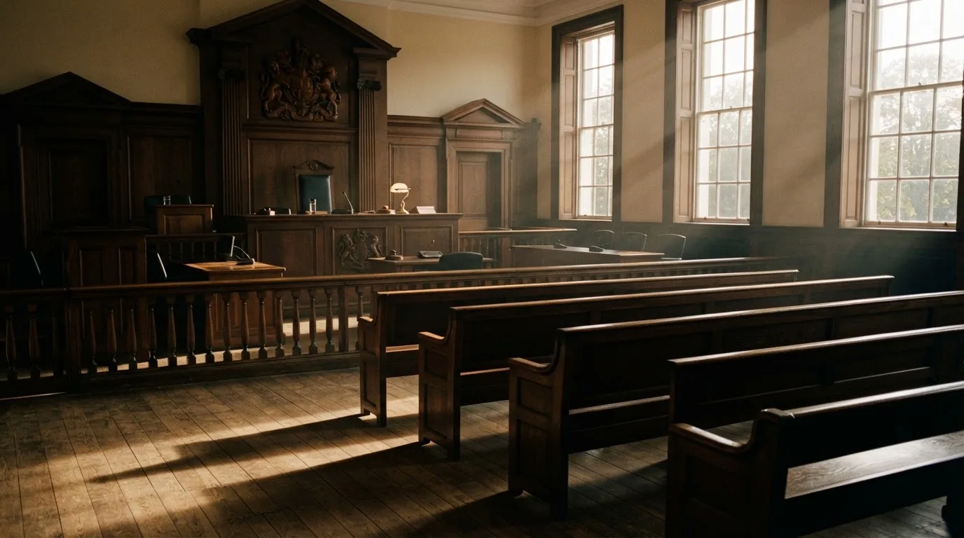 An empty courtroom with wooden benches in morning light