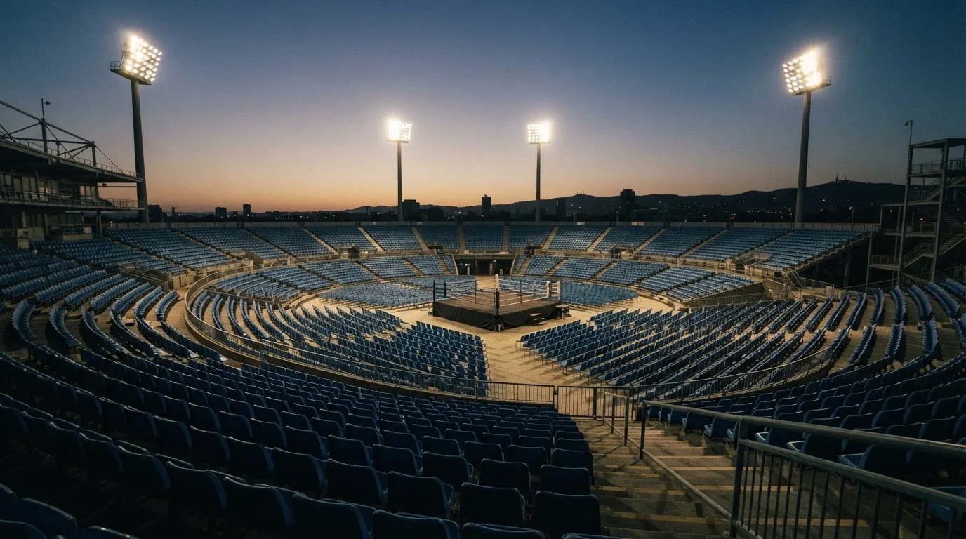 An empty football stadium with floodlight masts at dusk