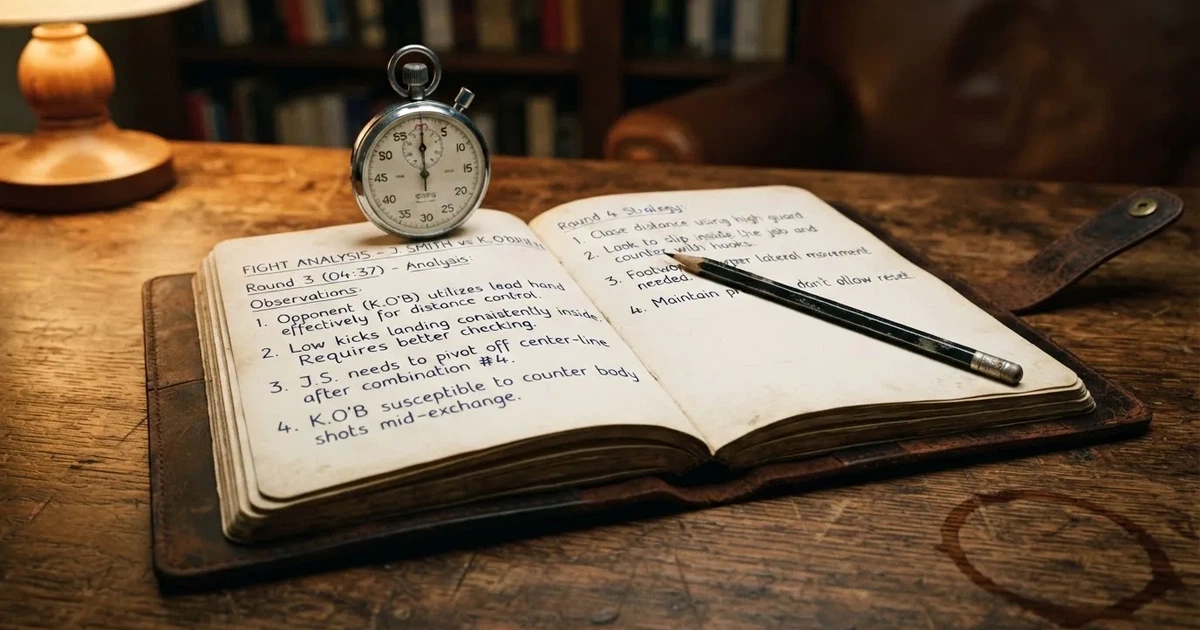 An open notebook with a pencil and a stopwatch on a wooden table