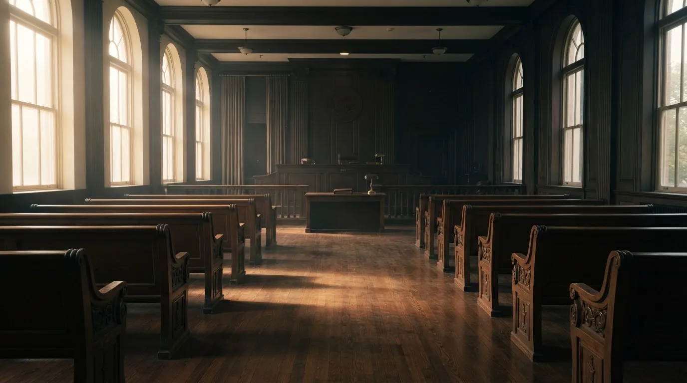 An empty courtroom with wooden benches in morning light