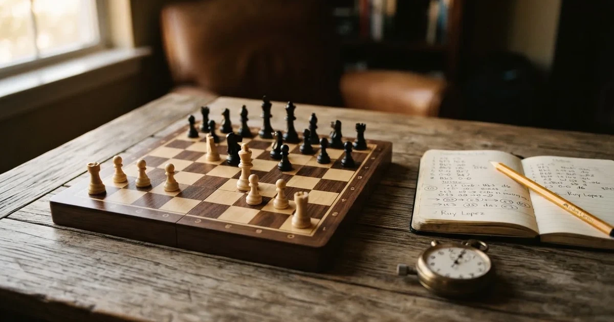 An open notebook with a pencil and a stopwatch on a wooden table