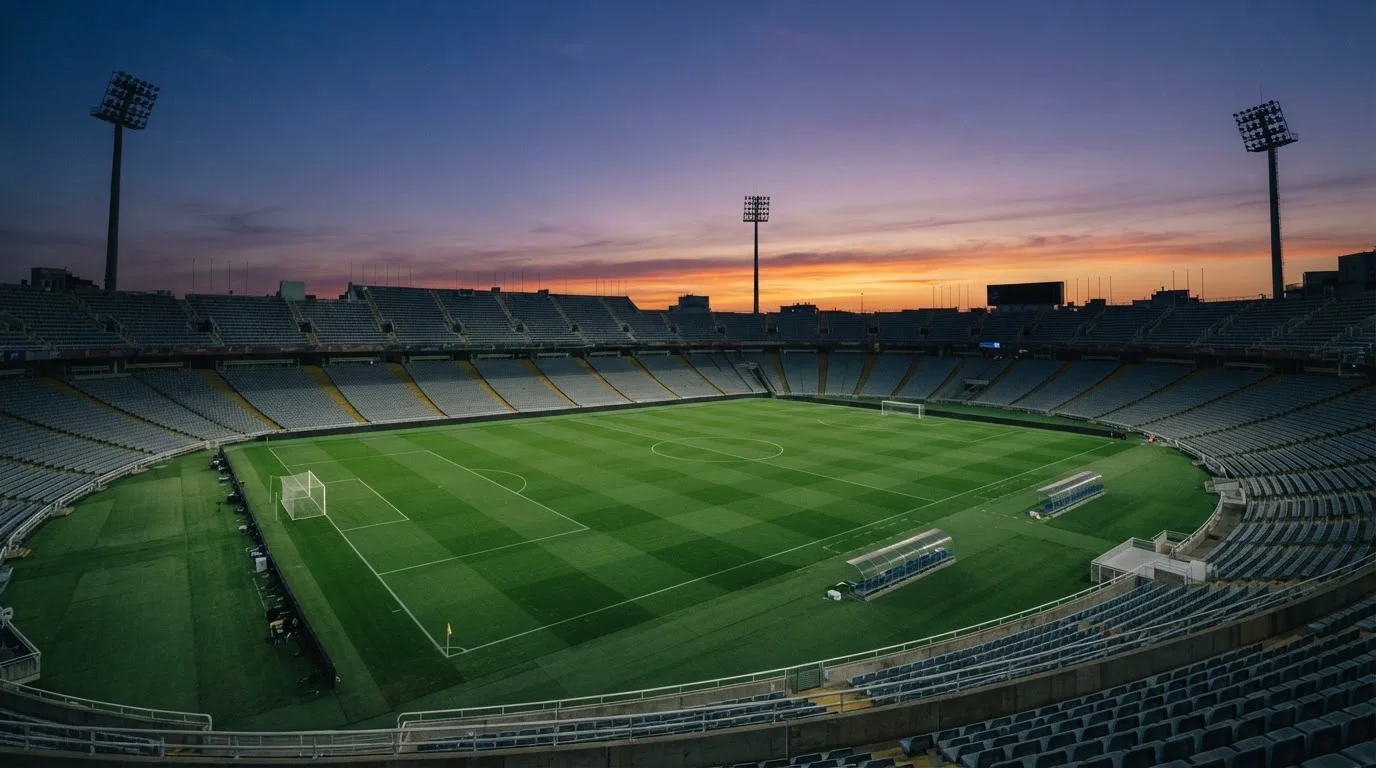 An empty football stadium with floodlight masts at dusk