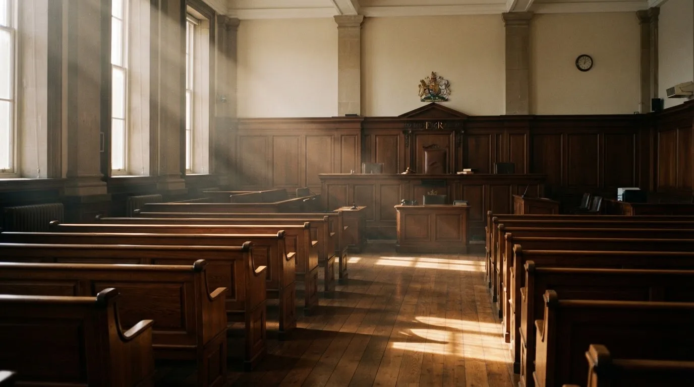 An empty courtroom with wooden benches in morning light