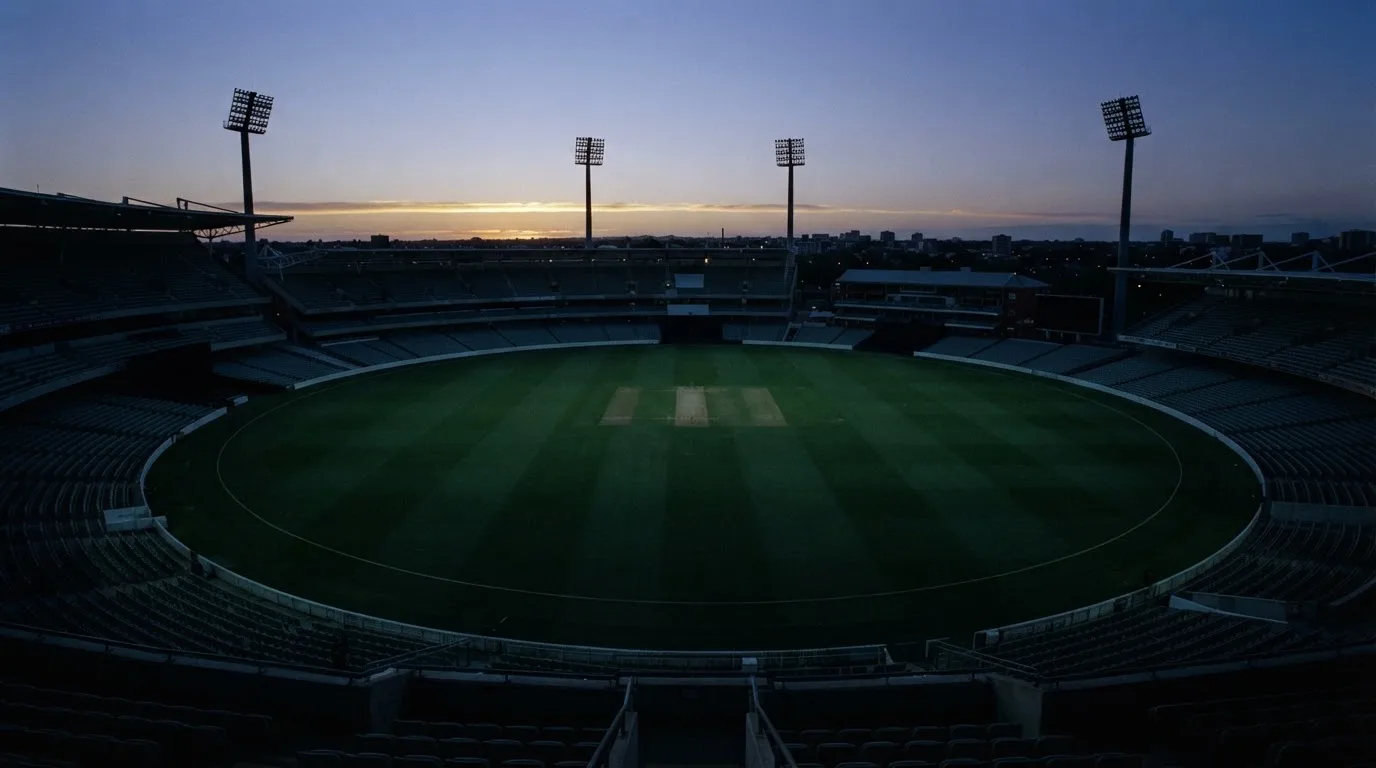 An empty football stadium with floodlight masts at dusk