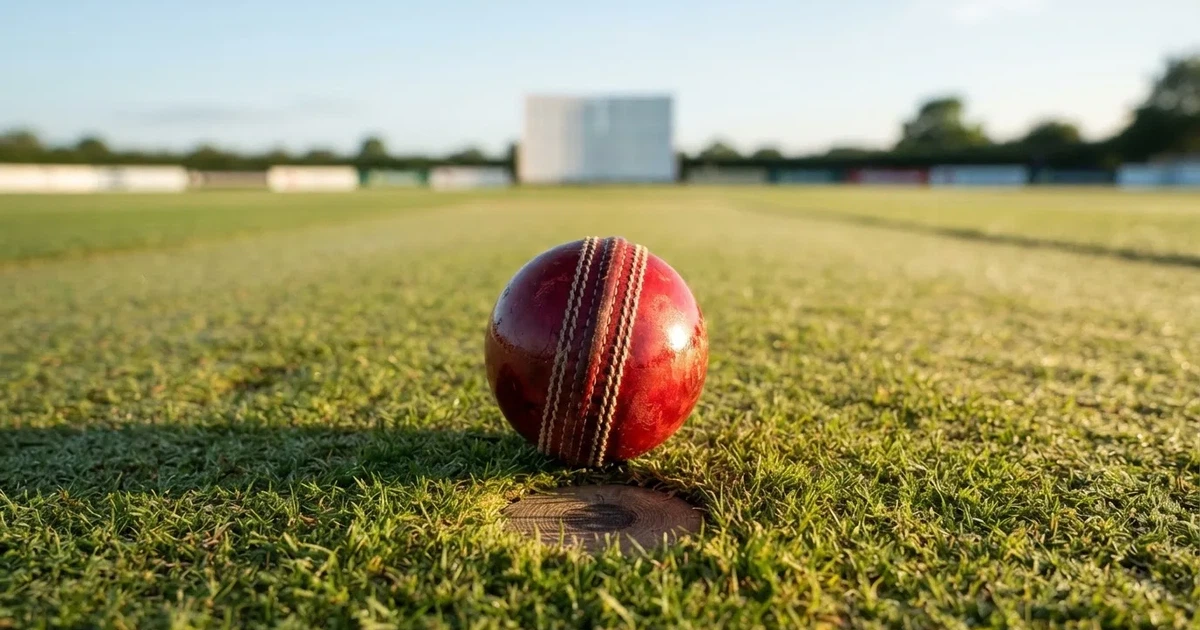 A ball on the centre spot of a grass pitch in morning light
