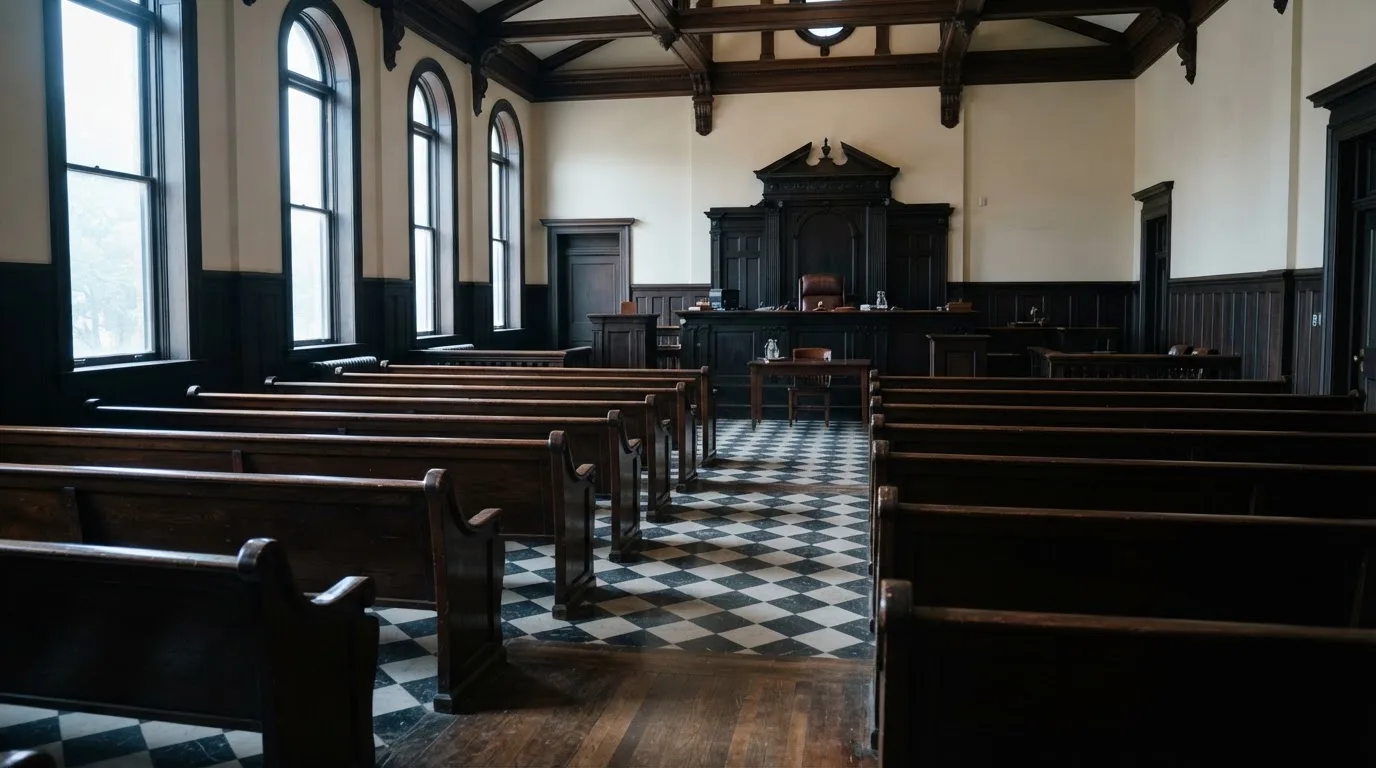An empty courtroom with wooden benches in morning light