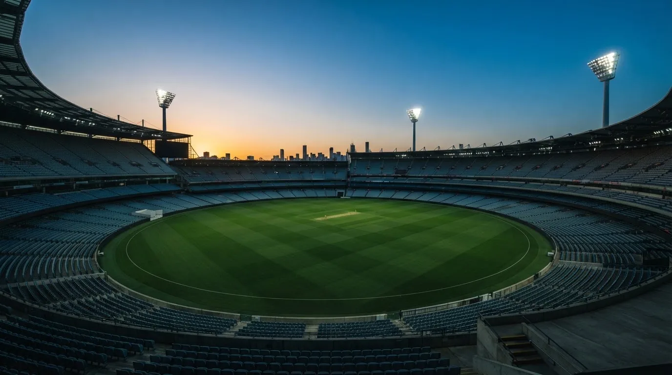 An empty football stadium with floodlight masts at dusk