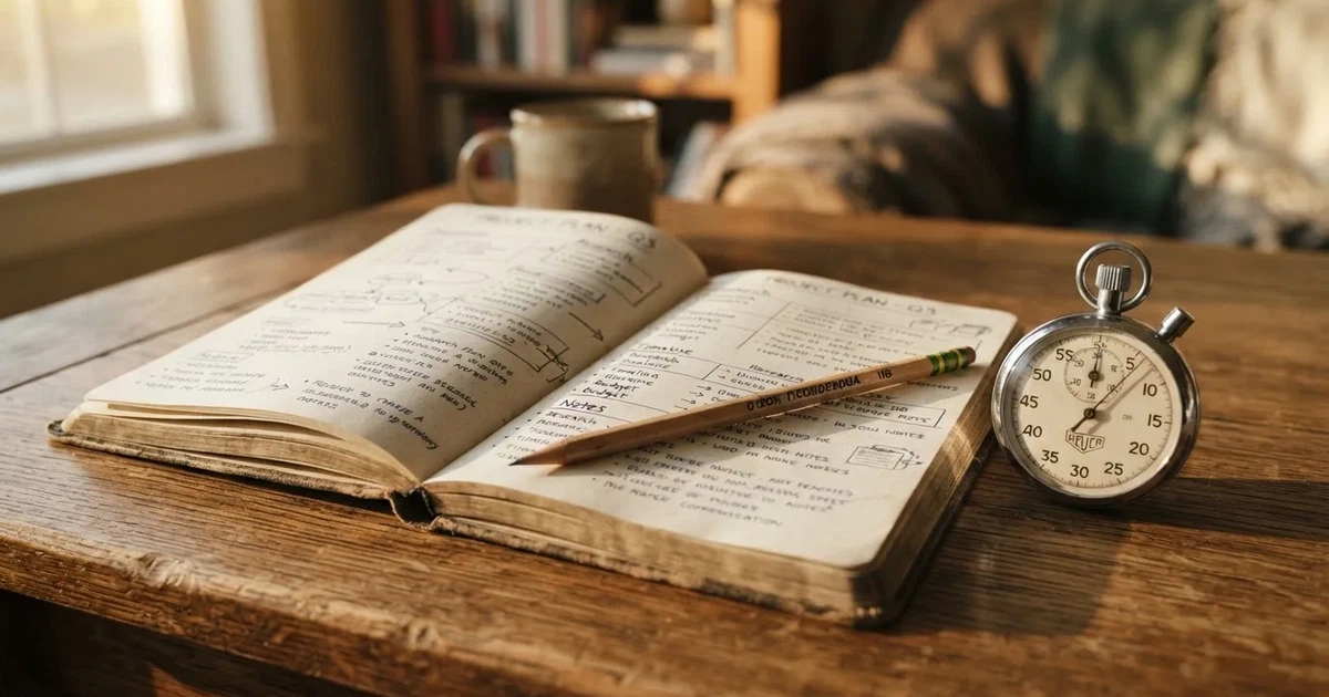 An open notebook with a pencil and a stopwatch on a wooden table
