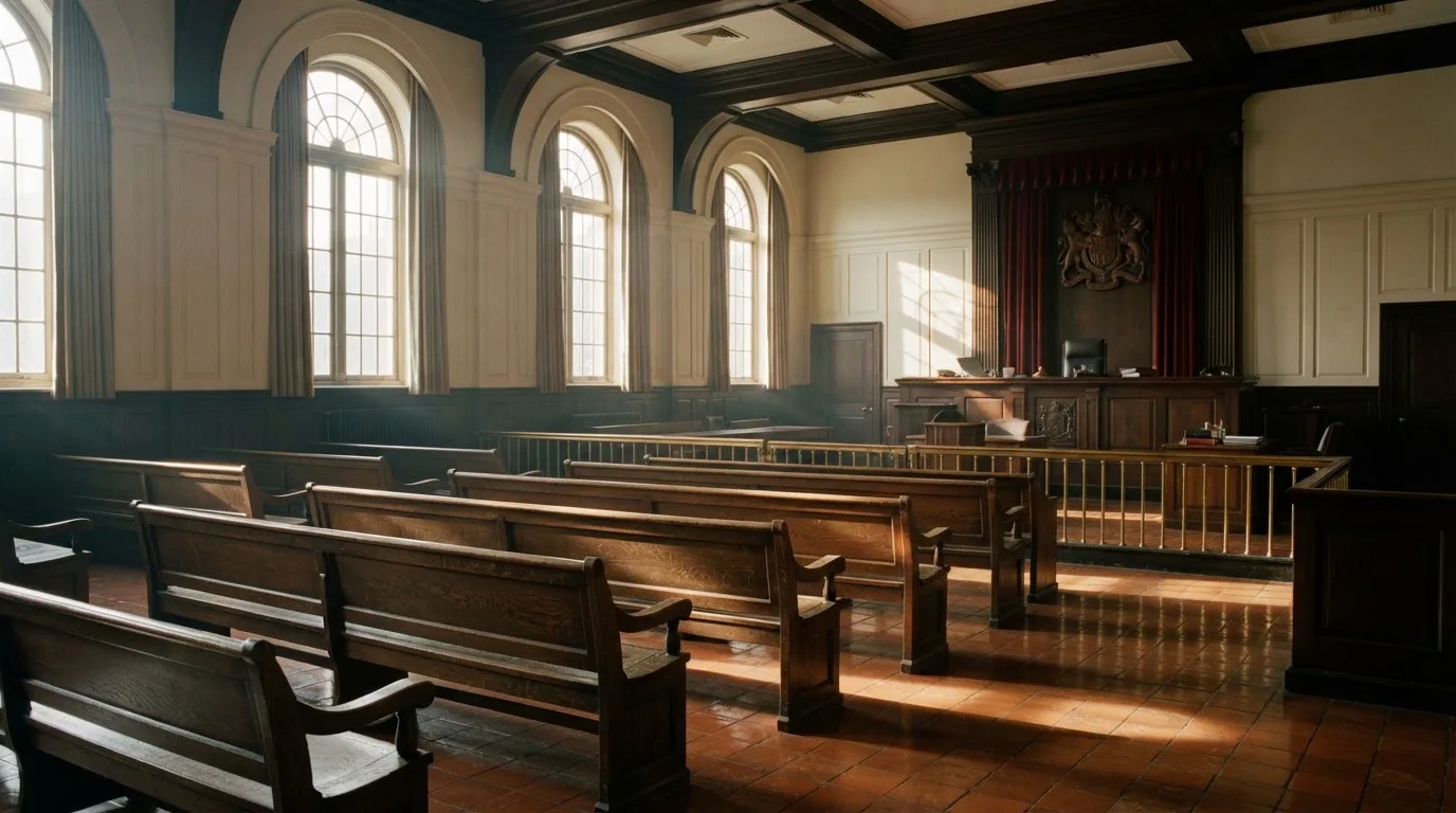 An empty courtroom with wooden benches in morning light