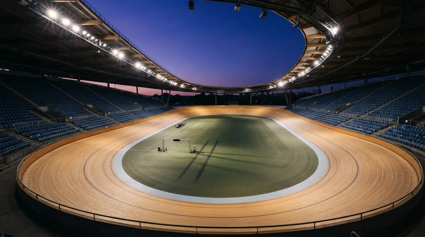 An empty football stadium with floodlight masts at dusk