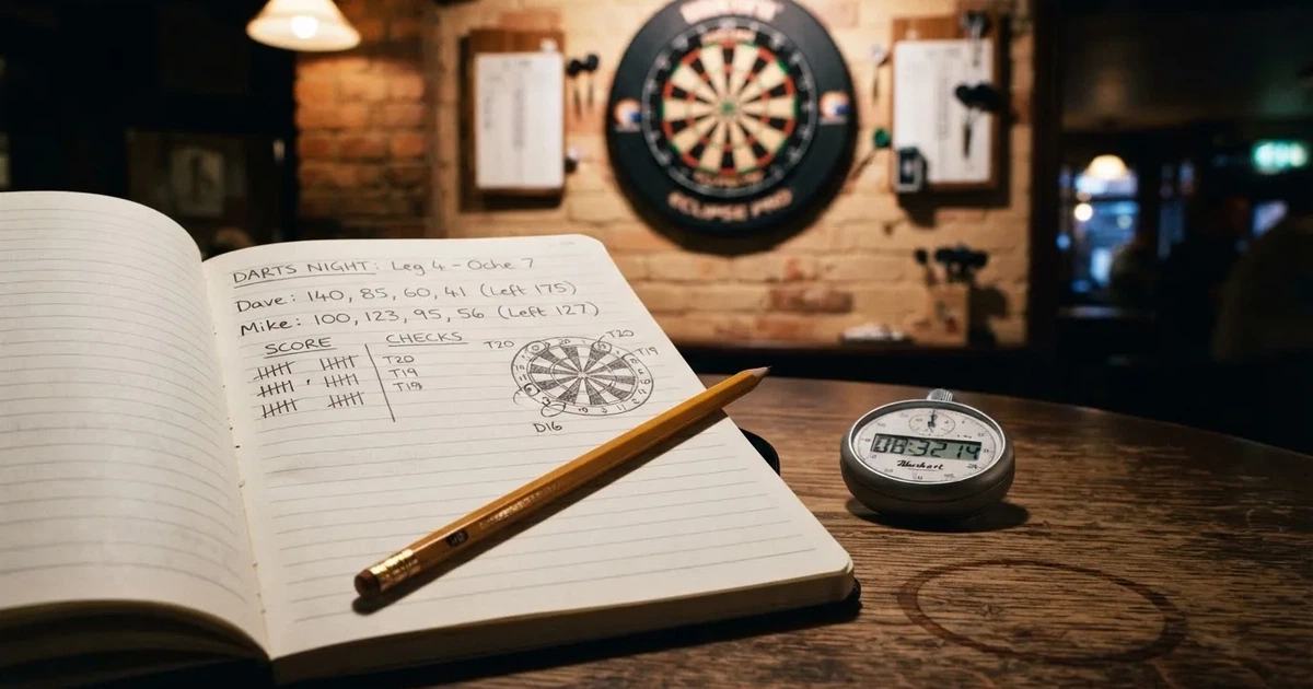 An open notebook with a pencil and a stopwatch on a wooden table
