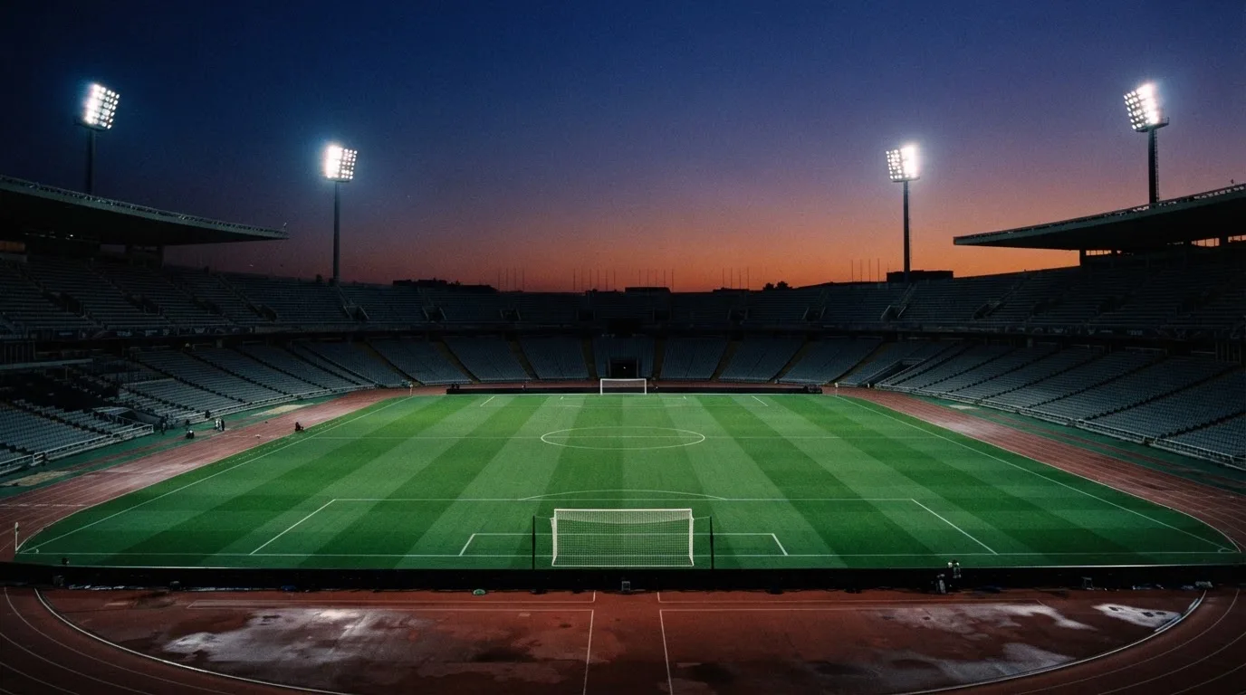 An empty football stadium with floodlight masts at dusk