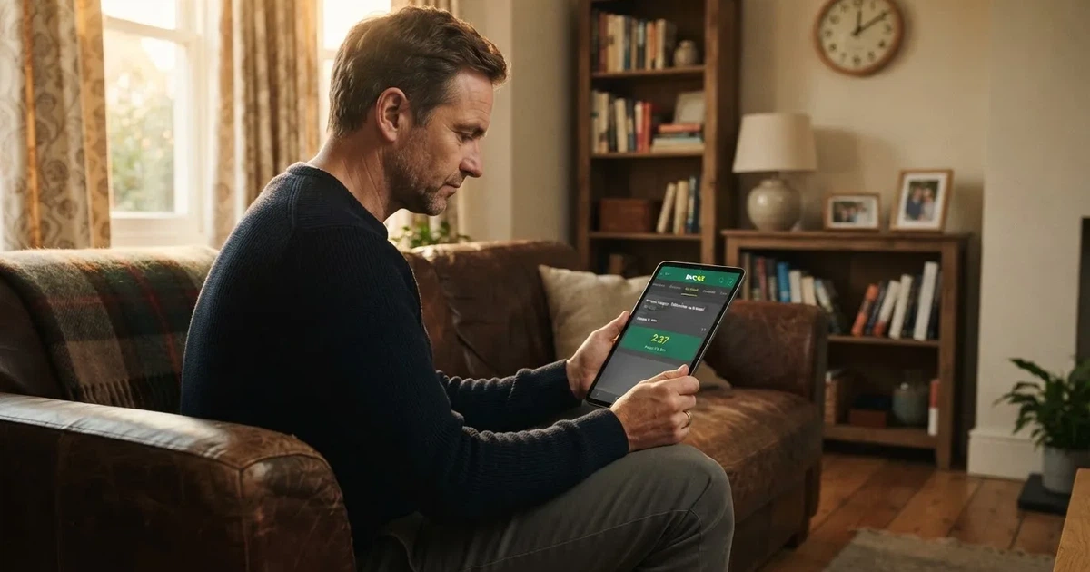 A person on a sofa looking thoughtfully at a tablet, a wall clock in the background