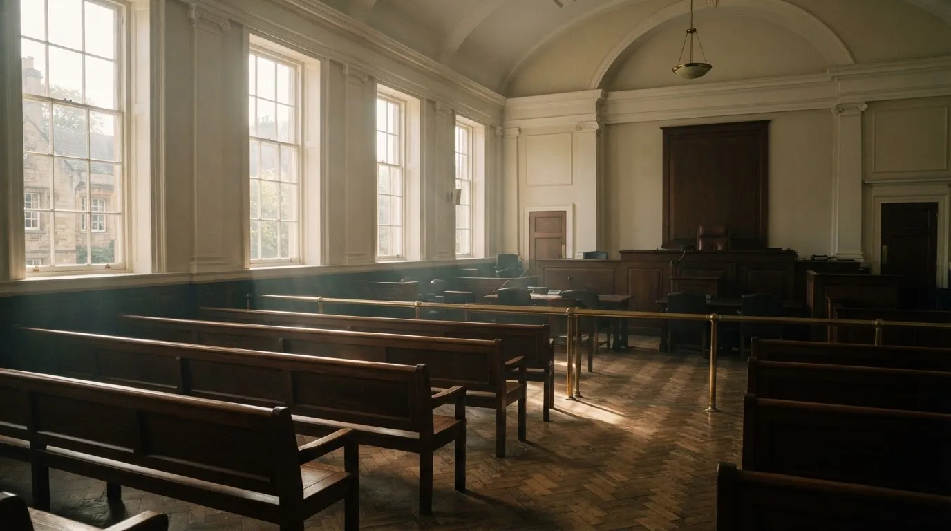 An empty courtroom with wooden benches in morning light