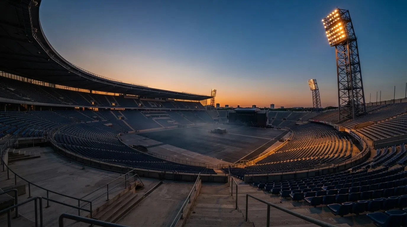 An empty football stadium with floodlight masts at dusk