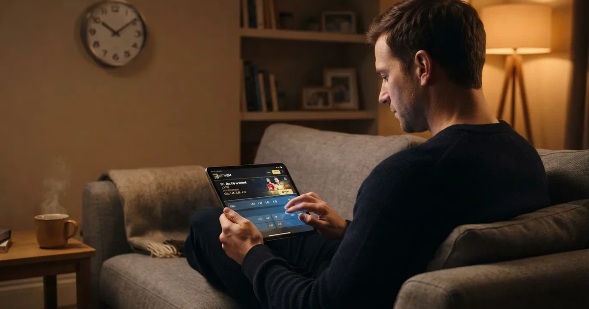 A person on a sofa looking thoughtfully at a tablet, a wall clock in the background