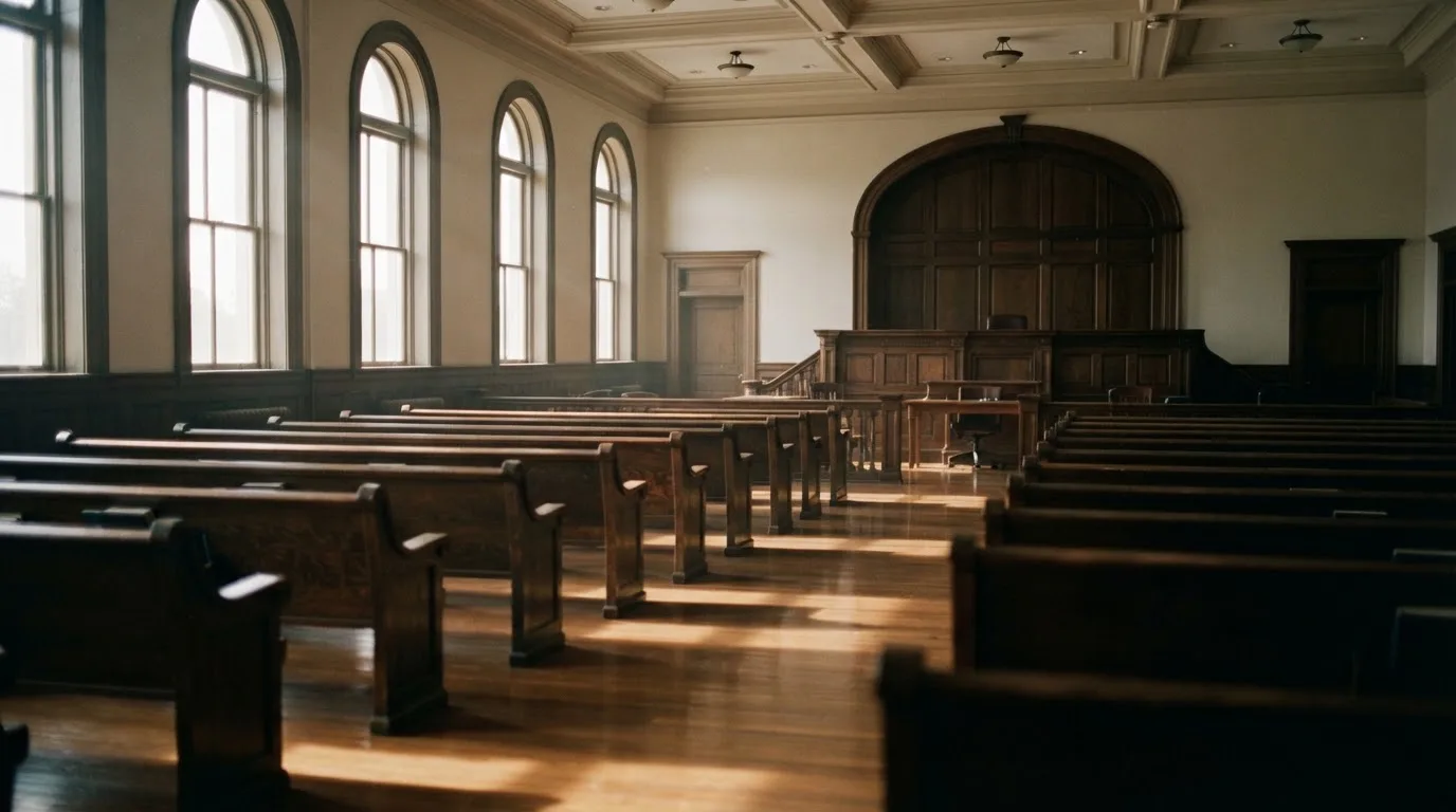 An empty courtroom with wooden benches in morning light
