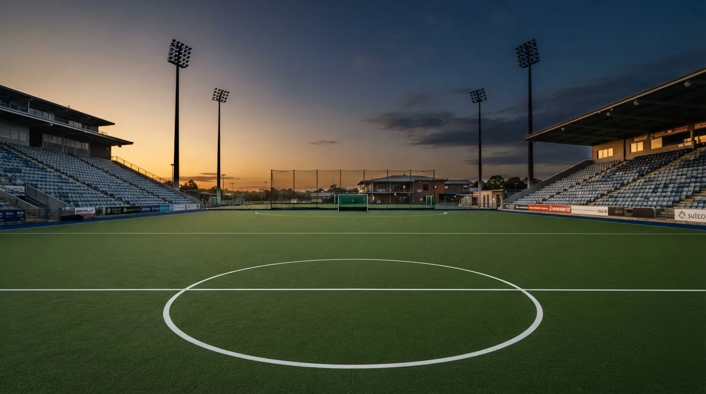 An empty football stadium with floodlight masts at dusk