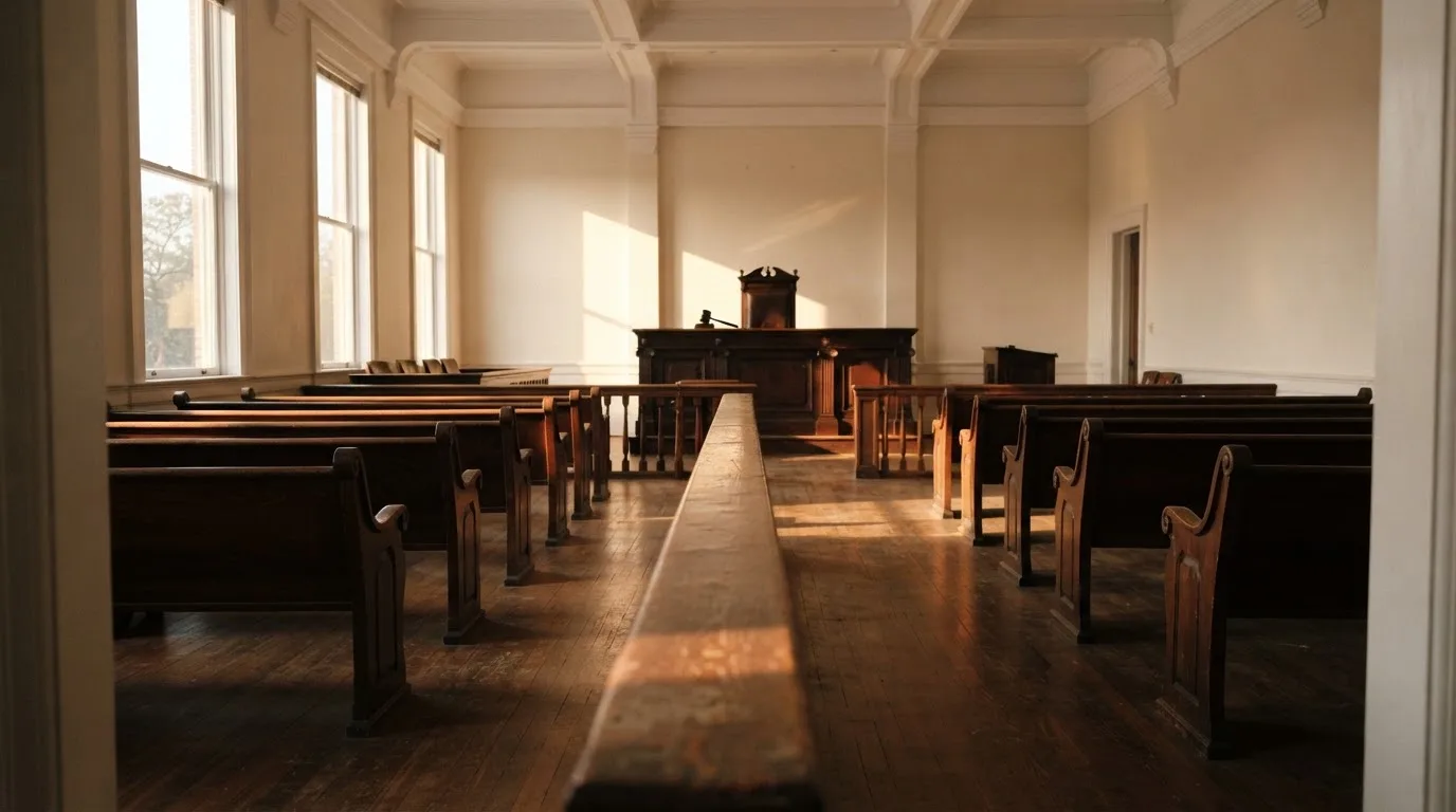 An empty courtroom with wooden benches in morning light