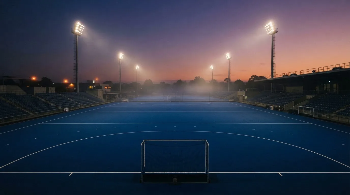 An empty football stadium with floodlight masts at dusk