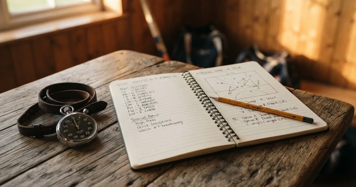 An open notebook with a pencil and a stopwatch on a wooden table