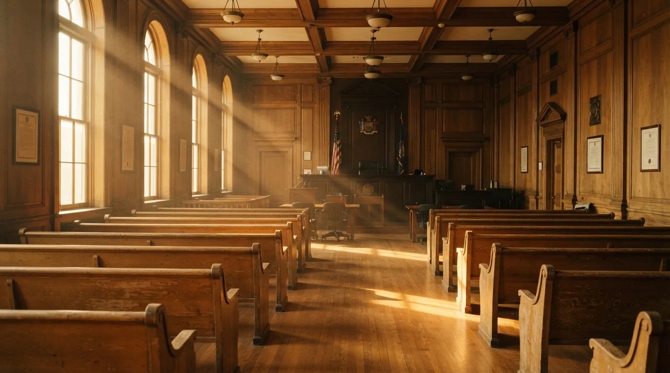 An empty courtroom with wooden benches in morning light
