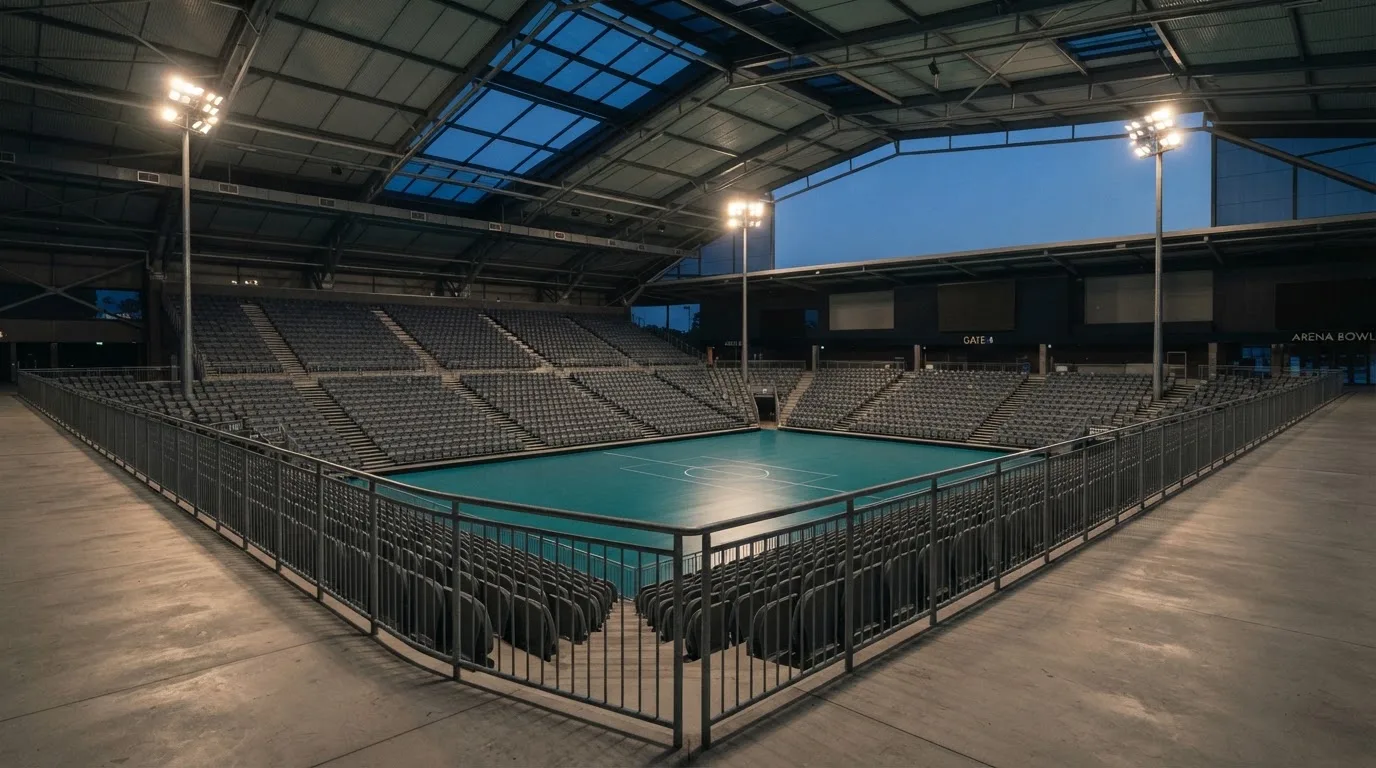 An empty football stadium with floodlight masts at dusk