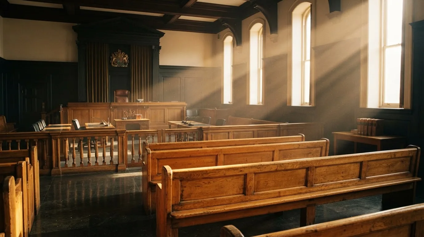 An empty courtroom with wooden benches in morning light