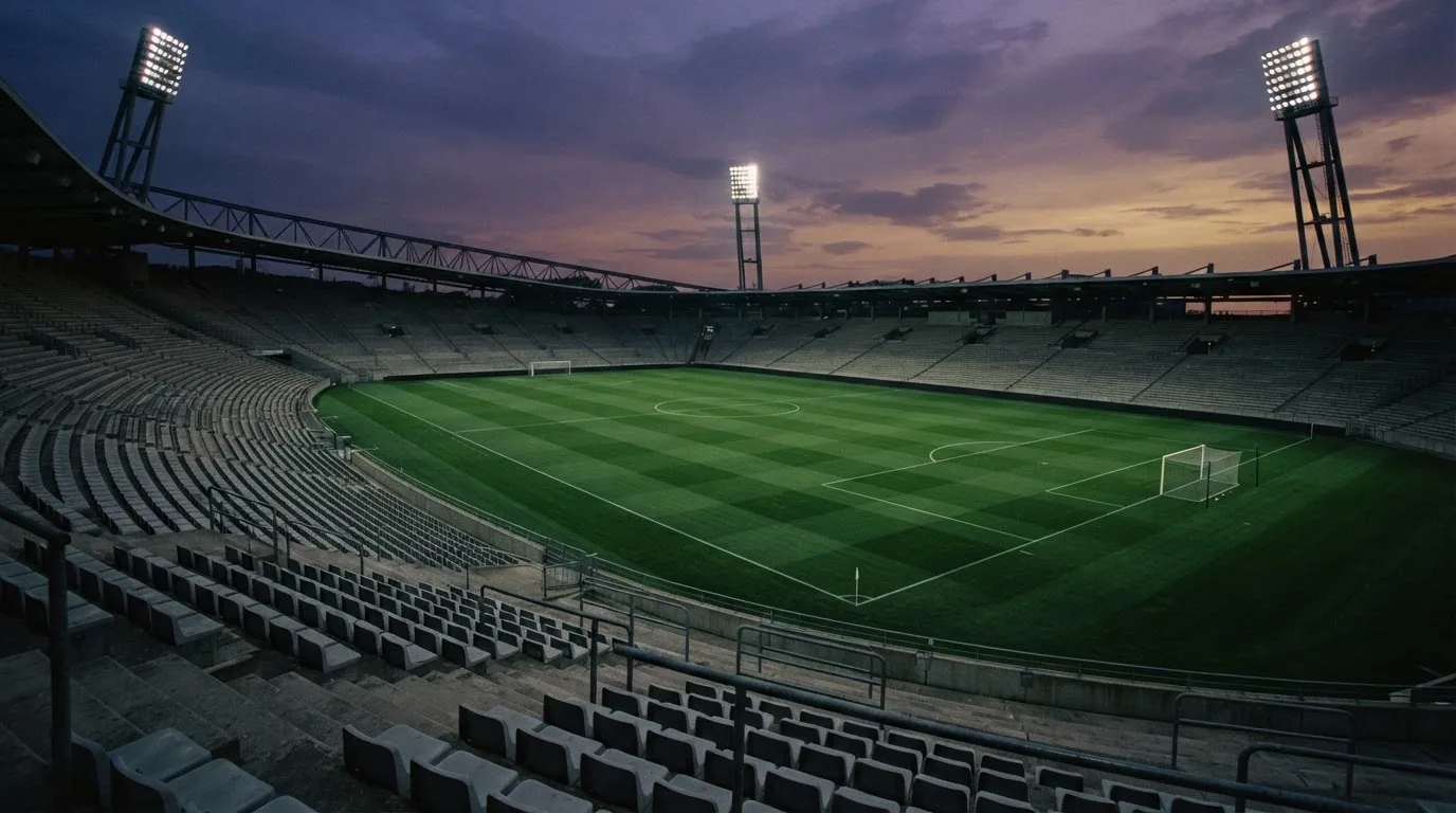 An empty football stadium with floodlight masts at dusk