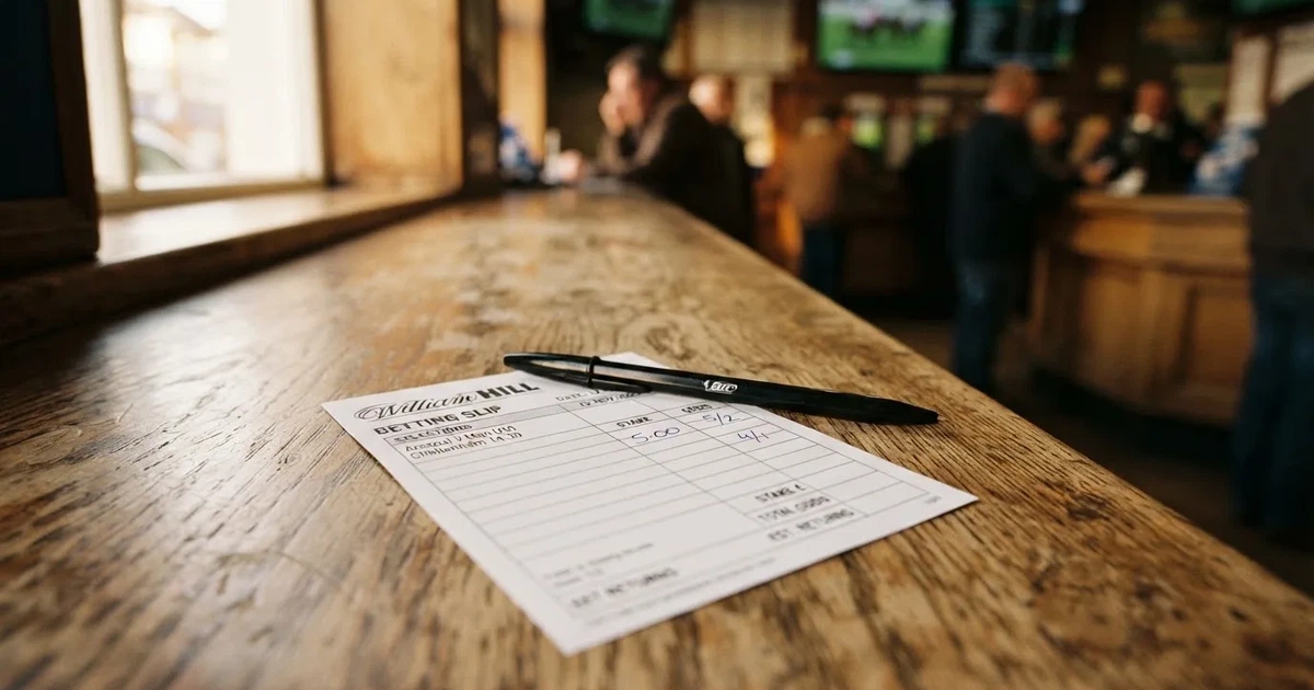 A blank paper betting slip beside a pen on a wooden counter