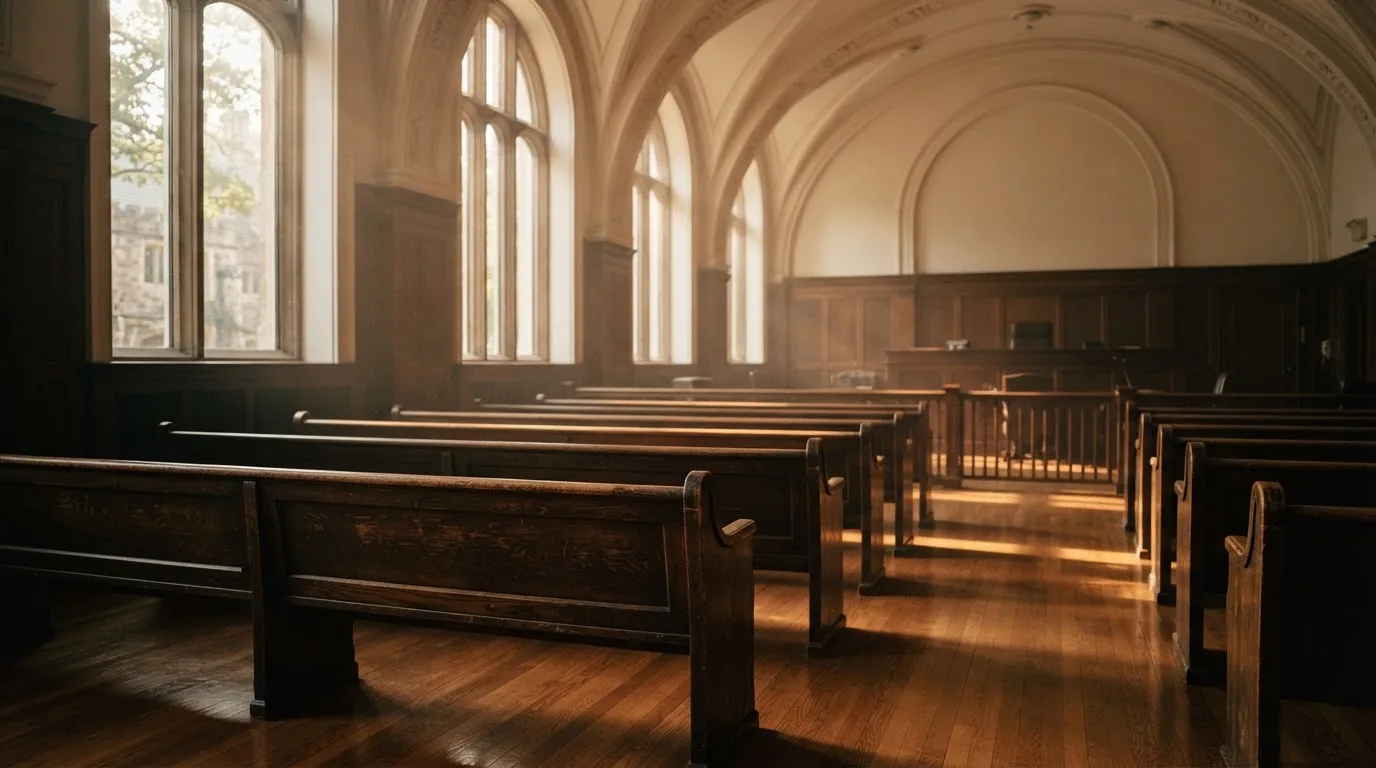 An empty courtroom with wooden benches in morning light