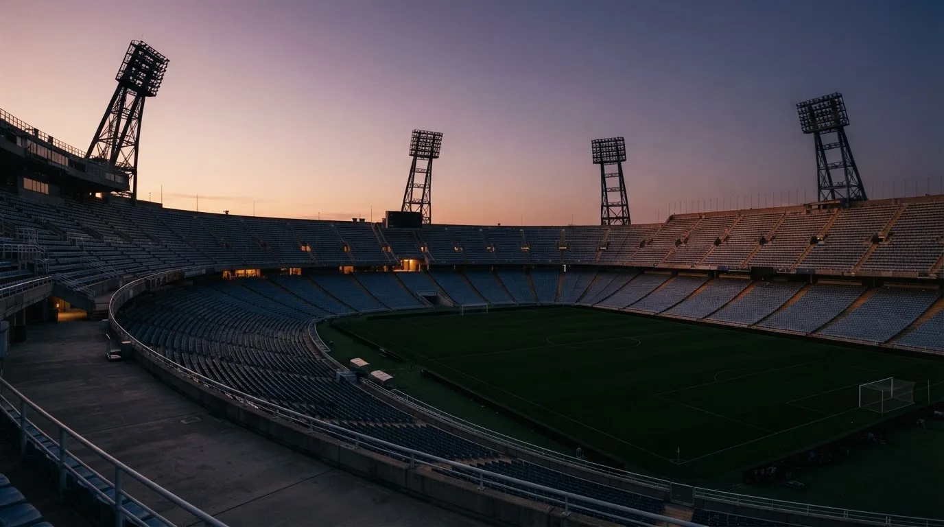 An empty football stadium with floodlight masts at dusk